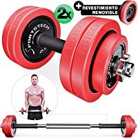 Sportstech Juego de Mancuernas 2en1 AH300 con Recubrimiento de Silicona y Barra Ajustable- Pesas Hierro Fundido de 20 kg…